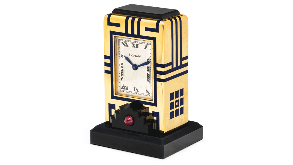 Christies-Geneva-Cartier-Art-Deco-Onyx-Enamel-and-Ruby-Mignonettte-Clock